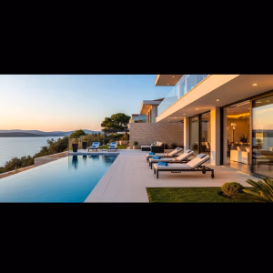 Luxuriöse Ferienvilla mit Infinity-Pool und Meerblick in Split, Kroatien, bei Sonnenuntergang – ein Beispiel für eine erfolgreiche Vermietung einer Ferienimmobilie an der Adriaküste.