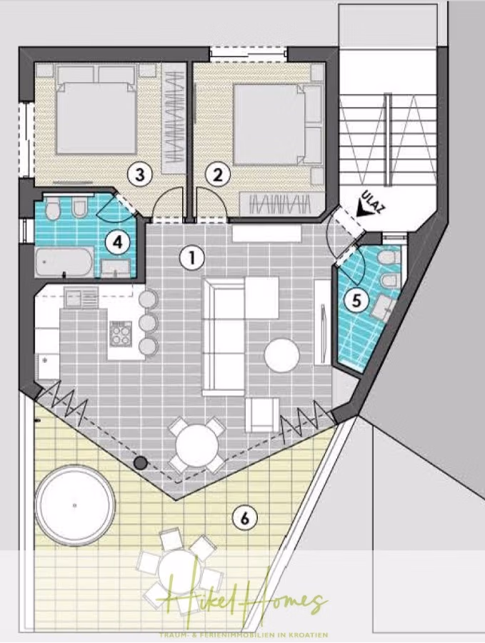Luxus Meerblick 77m² Ensemble mit 2 Schlafzimmern, Terrasse und Südausrichtung - Wohnungsgrundriss mit Wohnbereich, zwei Schlafzimmern, zwei Bädern und Balkon. Das Wohnzimmer verfügt über eine Sitzecke und einen Esstisch. Die Bäder sind mit Duschen ausgestattet, eines davon mit Badewanne. Der Balkon ist dreieckig und bietet Sitzgelegenheiten im Freien. (41711)