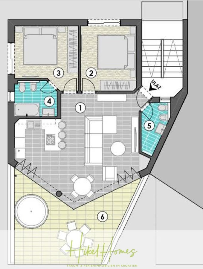 Luxus Meerblick 77m² Ensemble mit 2 Schlafzimmern, Terrasse und Südausrichtung - Grundriss einer Wohnung mit Wohnzimmer, Küche, zwei Bädern, zwei Schlafzimmern und einer großen Außenterrasse mit rundem Whirlpool und Sitzgelegenheit. Eine Treppe und ein Eingangsbereich sind ebenfalls zu sehen. (45228)