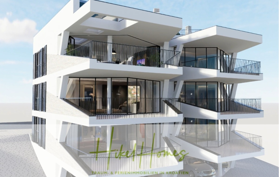 Luxus Meerblick 77m² Ensemble mit 2 Schlafzimmern, Terrasse und Südausrichtung - Ein modernes, mehrstöckiges weißes Gebäude mit schrägen Balkonen und Glasgeländern, mit großen Fenstern und Sitzbereichen im Freien. Das Logo "Hike Homes" und Text über Traum- und Ferienimmobilien in Kroatien überlagern das Bild. (45219)