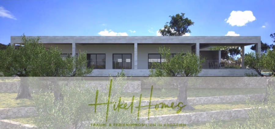 2 Meerblick Rohbau-Villen mit Haupt- und Gästehaus in absoluter privater Lage - Modernes Flachdachhaus mit großen Fenstern und geräumiger Veranda, umgeben von Olivenbäumen und einer Steinterrasse. Der Text auf dem Bild lautet „Hikel Homes“ und „Traum & Ferienimmobilien in Kroatien“. (42496)