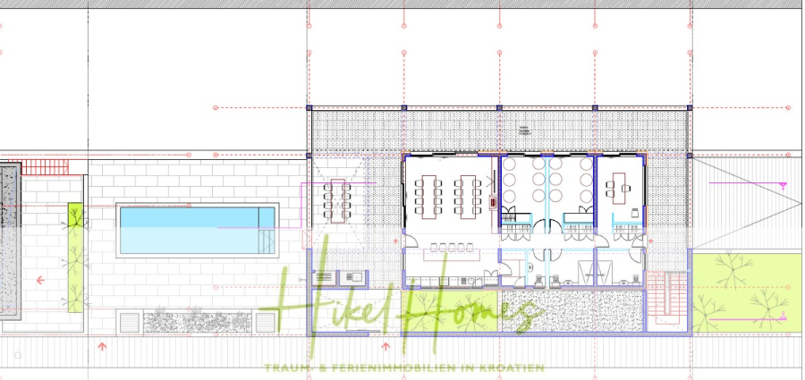 2 Meerblick Rohbau-Villen mit Haupt- und Gästehaus in absoluter privater Lage - Architektonischer Grundriss eines Gebäudes mit beschrifteten Räumen, einem Swimmingpool auf der linken Seite, Sitzbereichen im Freien und Grünflächen. Das Logo "Hutchomes" und der Slogan erscheinen am unteren Rand. (45439)