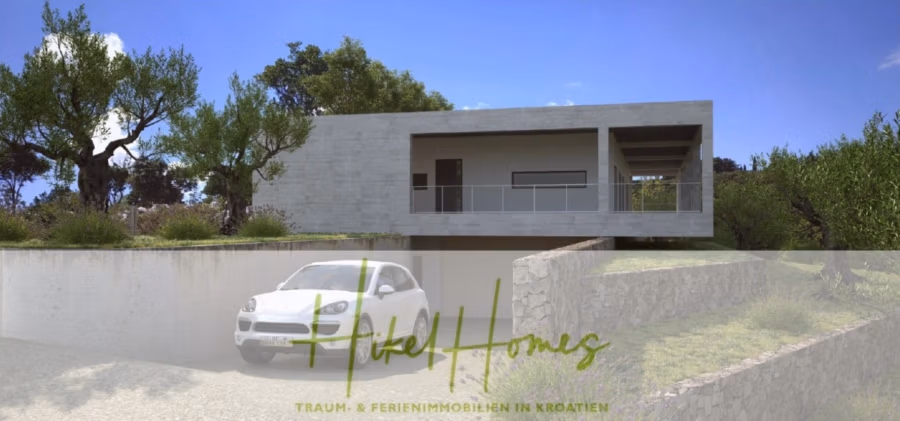 2 Meerblick Rohbau-Villen mit Haupt- und Gästehaus in absoluter privater Lage - Modernes, minimalistisches Haus mit Flachdach, großen Fenstern und grauer Betonfassade. Ein weißes Auto parkt in der Einfahrt, umgeben von Steinmauern und Grünflächen. Der Text „Hotel Homes“ überlagert den unteren Bildrand. (42497)