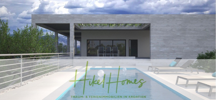 2 Meerblick Rohbau-Villen mit Haupt- und Gästehaus in absoluter privater Lage - Moderne Villa mit rechteckigem Pool, Liegestühlen am Pool und überdachtem Terrassenbereich. Der Himmel ist bewölkt, und üppiges Grün umgibt die minimalistische graue Struktur. Der Text lautet: "Hike Homes Traum- & Ferienimmobilien in Kroatien. (45429)