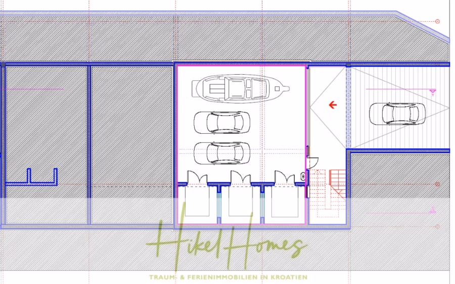 2 Meerblick Rohbau-Villen mit Haupt- und Gästehaus in absoluter privater Lage - Ein Grundriss einer Garage mit Stellplätzen für vier Fahrzeuge. Der Entwurf umfasst eine Einfahrt, Innendetails und das Logo „Hike Homes“ am unteren Rand mit deutschem Text darunter. (42507)