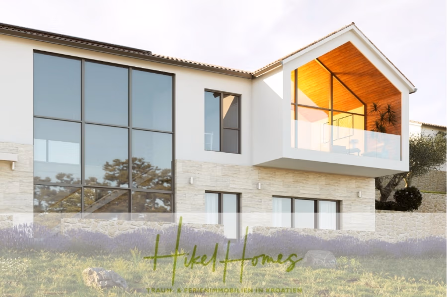 Exklusive 380m² Meerblick & Luxus in absoluter Alleinlage mit Privatspähre + Pool, Sommerküche, … - Modernes weißes Haus mit großen Glasfenstern, Steinfundament und Holzakzenten im Obergeschoss. Der Balkon ist sonnenbeschienen. Umgeben von Grünflächen, trägt das Bild unten den Text „Hikel Homes“ und erwähnt Immobilien in Kroatien. (41901)