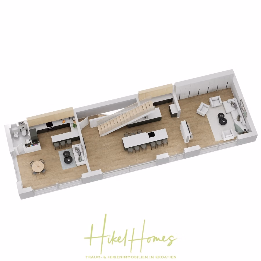 Exklusive 380m² Meerblick & Luxus in absoluter Alleinlage mit Privatspähre + Pool, Sommerküche, … - 3D-Grundriss eines modernen, offenen Wohnraums. Beinhaltet eine Küche mit Geräten, einen Essbereich mit rundem Tisch, eine Kochinsel, eine Treppe und ein Wohnzimmer mit Sofas. Heller Holzboden. Das Logo unten lautet „Hikel Homes“. (41910)
