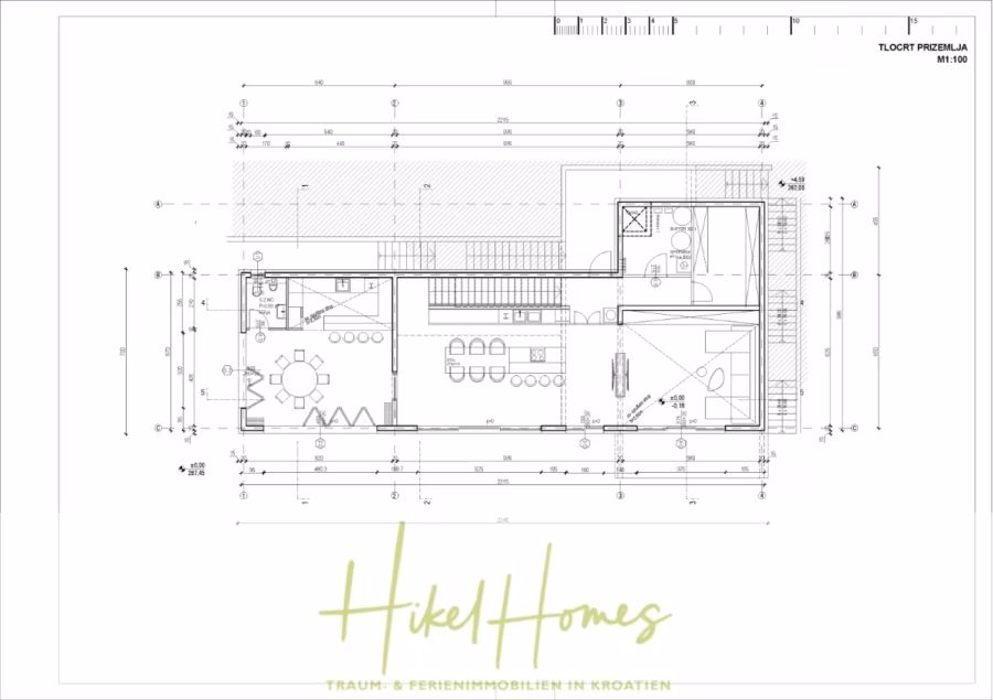 Exklusive 380m² Meerblick & Luxus in absoluter Alleinlage mit Privatspähre + Pool, Sommerküche, … - Grundriss mit beschrifteten Maßen, der einen Grundriss mit Wohn-/Essbereich, Küche und Bad darstellt. Anmerkungen geben Aufschluss über Abmessungen und bauliche Details. Unten befindet sich das „Hikel Homes“-Logo mit einem deutschen Slogan über Traumimmobilien in Kroatien. (41908)