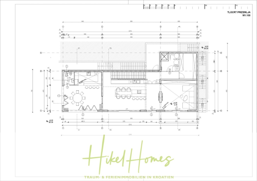 Exklusive 380m² Meerblick & Luxus in absoluter Alleinlage mit Privatspähre + Pool, Sommerküche, … - Architektonischer Grundriss, der einen rechteckigen Grundriss mit beschrifteten Räumen, Möbeln, Küche, Ess- und Wohnbereich zeigt. Der Plan trägt den Titel "Hikel Homes - Traum- & Ferienimmobilien in Kroatien". (44530)