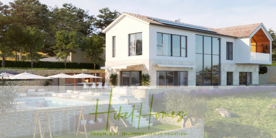 Exklusive 380m² Meerblick & Luxus in absoluter Alleinlage mit Privatspähre + Pool, Sommerküche, … - Modernes zweistöckiges Haus mit großen Fenstern, einem Balkon und einem von Liegestühlen und Sonnenschirmen umgebenen Swimmingpool, eingebettet in eine grüne Landschaft mit Bäumen und Steinmauern. Logo "Hikel Homes" am unteren Rand. (44516)