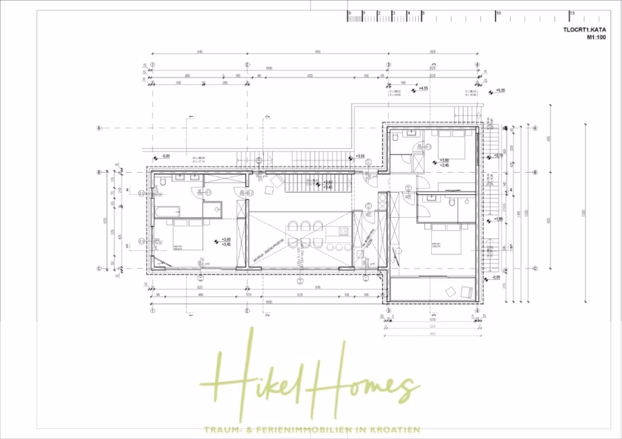 Exklusive 380m² Meerblick & Luxus in absoluter Alleinlage mit Privatspähre + Pool, Sommerküche, … - Grundriss eines Hauses mit detaillierten Maßen und Aufteilung. Der Entwurf umfasst mehrere Räume mit verschiedenen Symbolen für Türen, Fenster und Einbauten. Unten finden Sie das Logo „Hikel Homes“ und eine Beschreibung über Traumimmobilien in Kroatien. (41909)