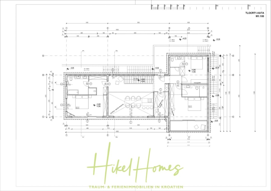 Exklusive 380m² Meerblick & Luxus in absoluter Alleinlage mit Privatspähre + Pool, Sommerküche, … - Architektonische Grundrisszeichnung eines Hauses mit Raumaufteilung, Wänden, Türen, Fenstern und Maßen. Am unteren Rand erscheinen "Hikel Homes" und der deutsche Text "TRAUM- & FERIENIMMOBILIEN IN KROATIEN". (44531)