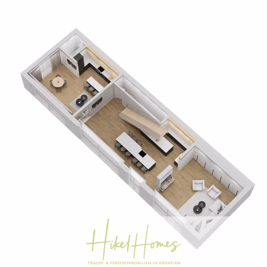Exklusive 380m² Meerblick & Luxus in absoluter Alleinlage mit Privatspähre + Pool, Sommerküche, … - 3D-Grundriss einer modernen Wohnung mit offenem Wohn-, Ess- und Küchenbereich. Der Raum umfasst einen Esstisch, ein Wohnzimmer mit Sitzgelegenheiten, große Fenster und hellen Holzboden. Das Logo von „Hikel Homes“ befindet sich unten. (41911)