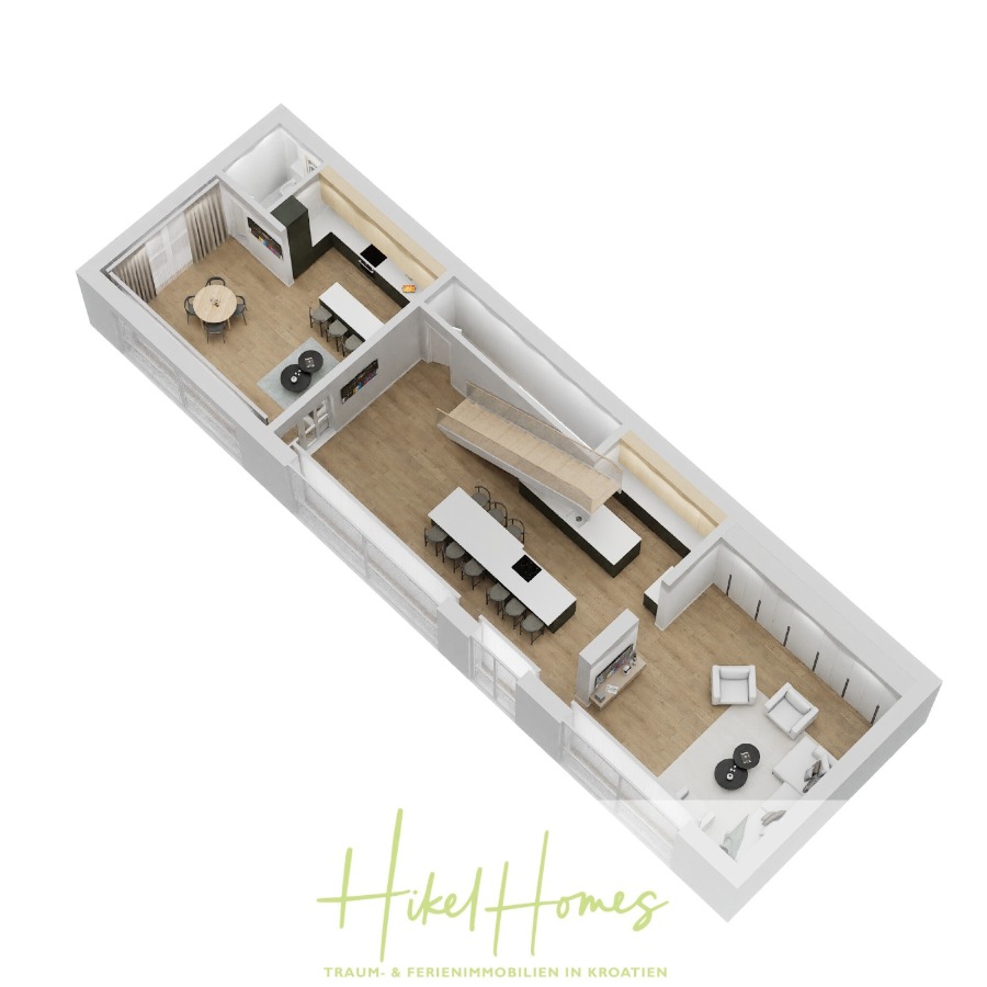 Exklusive 380m² Meerblick & Luxus in absoluter Alleinlage mit Privatspähre + Pool, Sommerküche, … - Der 3D-Grundriss zeigt einen offen gestalteten Wohn-, Ess- und Küchenbereich mit modernen Möbeln, einer separaten Sitzecke und einer kleinen Außenterrasse. Die Böden sind aus hellem Holz, und das Design ist minimalistisch. (44534)