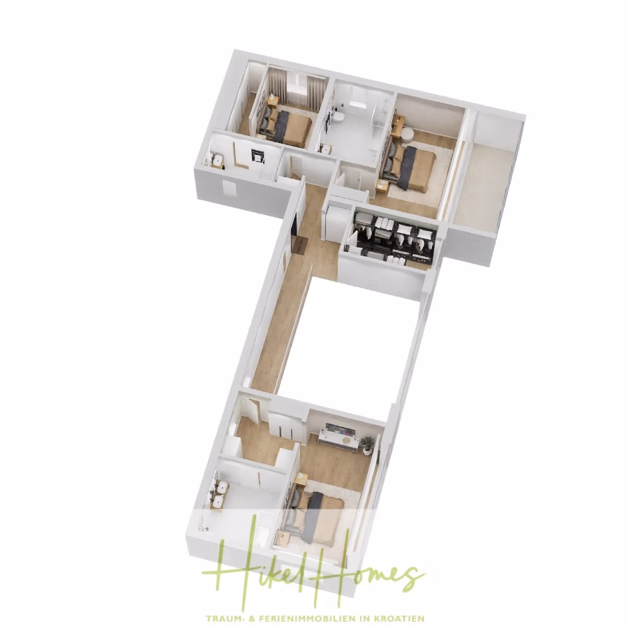 Exklusive 380m² Meerblick & Luxus in absoluter Alleinlage mit Privatspähre + Pool, Sommerküche, … - 3D-Darstellung eines Gebäudegrundrisses in Form des Buchstabens „T“. Er zeigt verschiedene möblierte Räume, darunter Schlafzimmer, einen Wohnbereich und eine scheinbare Küche. Unten ist das Logo „Hikel Homes“ zu sehen. (41913)