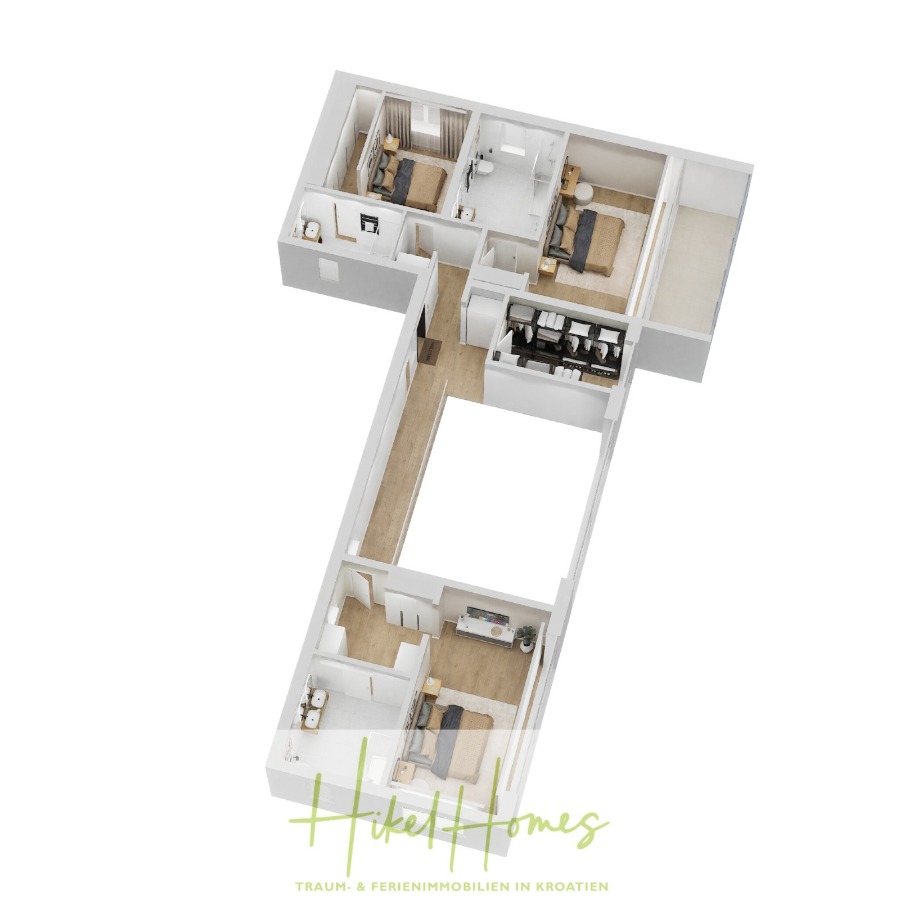 Exklusive 380m² Meerblick & Luxus in absoluter Alleinlage mit Privatspähre + Pool, Sommerküche, … - Ein 3D-Grundriss einer T-förmigen Wohnung mit Schlafzimmern, Badezimmern, einem Wohnzimmer und einer Küche, von oben gesehen. Das Logo "Hikel Homes" erscheint am unteren Rand mit Text über Immobilien in Kroatien. (44536)