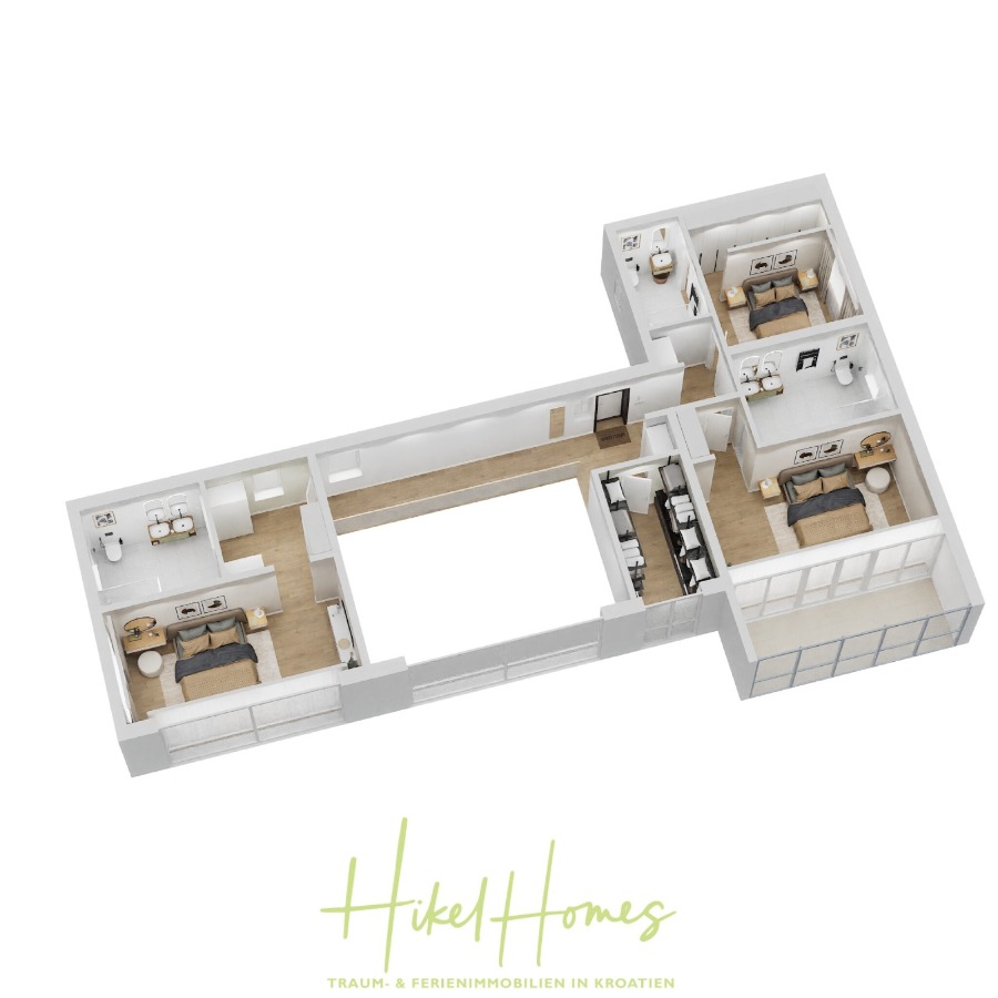 Exklusive 380m² Meerblick & Luxus in absoluter Alleinlage mit Privatspähre + Pool, Sommerküche, … - 3D-Grundriss einer modernen Wohnung mit drei Schlafzimmern, drei Bädern, Küche, Essbereich, Wohnzimmer und großem Balkon in L-Form mit Holzfußboden und weißen Wänden. (44538)