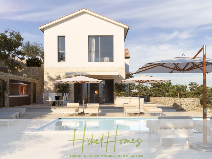 Exklusive 380m² Meerblick & Luxus in absoluter Alleinlage mit Privatspähre + Pool, Sommerküche, … - Moderne zweistöckige Villa mit großen Fenstern, Pool, Liegestühlen und Sonnenschirmen auf einer sonnigen Veranda. Umgeben von Grünflächen und Steinmauern. Der Text "Hikel Homes - Traum- & Ferienimmobilien in Kroatien" erscheint am unteren Rand. (44515)