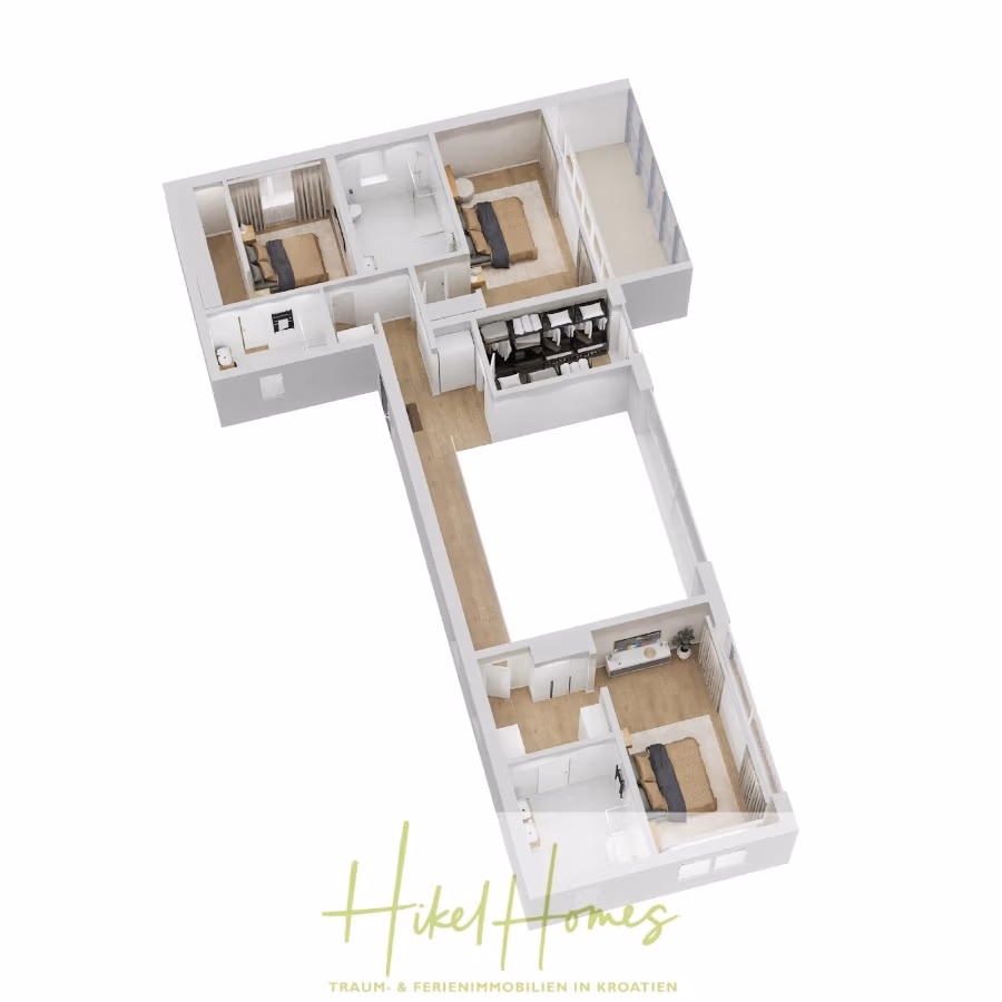 Exklusive 380m² Meerblick & Luxus in absoluter Alleinlage mit Privatspähre + Pool, Sommerküche, … - 3D-Grundriss einer T-förmigen Wohnung mit drei Schlafzimmern, einem zentralen Wohnbereich und einer Küche. Jeder Raum ist möbliert, und der Grundriss zeigt Türen und Fenster. Das Logo von „Hikel Homes“ befindet sich unten. (41912)