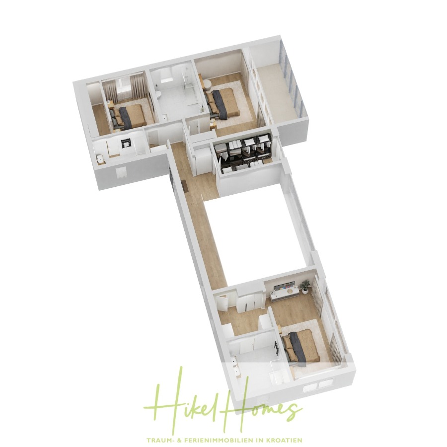 Exklusive 380m² Meerblick & Luxus in absoluter Alleinlage mit Privatspähre + Pool, Sommerküche, … - 3D-Grundriss einer T-förmigen Wohnung mit drei Schlafzimmern, einem zentralen Flur, zwei Badezimmern, einer Küche und einem Wohnbereich mit Holzfußboden und modernen Möbeln. Das "Hikel Homes"-Logo befindet sich am unteren Rand. (44535)