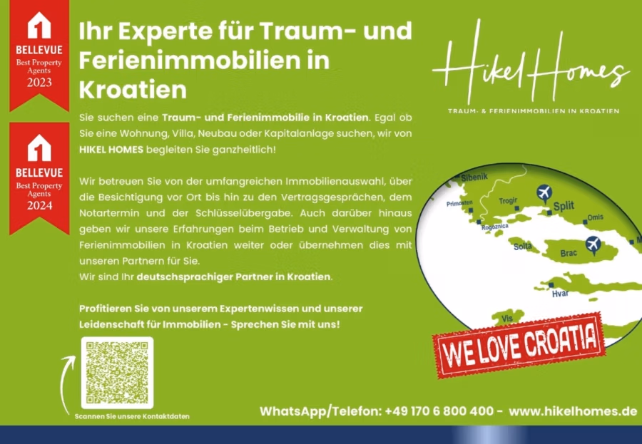 Meerblick 76m² Neubauwohnung mit 2 Schlafzimmer, Balkon und Südausrichtung - Werbung für Hikel Homes mit deutschem Text über Ferienimmobilien in Kroatien, einer Karte, einer Telefonnummer und einem Website-Link. Enthält die Grafik „Wir lieben Kroatien“ und einen Stempel für den besten Immobilienmakler 2023. (41381)