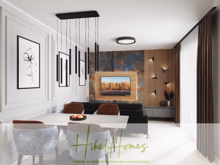 Meerblick 76m² Neubauwohnung mit 2 Schlafzimmer, Balkon und Südausrichtung - Modernes Wohnzimmer mit weißen Wänden, abstrakten Kunstwerken und einem schwarzen Kronleuchter. Es gibt einen Esstisch mit roten und grauen Stühlen. Ein Sofa steht gegenüber einem Fernseher an einer strukturierten Wand. Große Fenster mit braunen Vorhängen lassen Tageslicht herein. Der Text lautet „Hike Homes“. (41370)