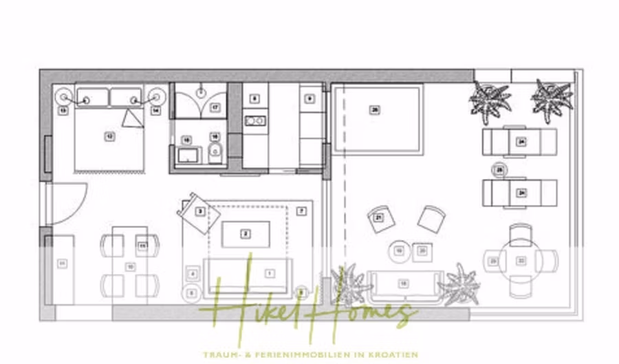 Charmantes 1-Zimmer-Appartement mit Meerblick im Herzen von Split mit Dachterrasse - Grundriss einer Wohnung mit Schlafzimmer, Bad, Küche und Wohnbereich. Der Wohnbereich verfügt über Sitzgelegenheiten und einen Esstisch. Es gibt zwei bepflanzte Balkone. Unten ist „Hike Homes“ abgebildet. (42236)
