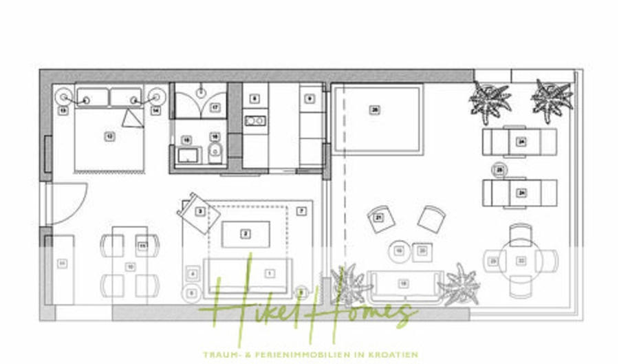 Charmantes 1-Zimmer-Appartement mit Meerblick im Herzen von Split mit Dachterrasse - Schwarz-weißer Grundriss einer Wohnung mit einem Schlafzimmer, Bad, Küche, Ess- und Wohnbereich. Große Terrasse mit Sitzgelegenheiten und Topfpflanzen. "Hikel Homes" und deutscher Text erscheinen am unteren Rand. (45422)