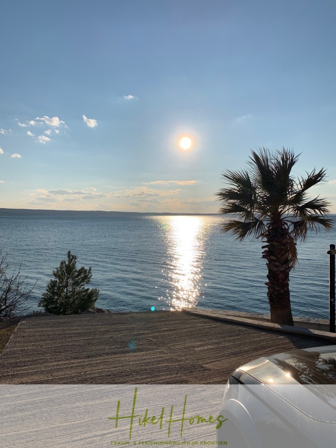 1160m² in erste Reihe zum Meer / Ideal zur Bebauung mit 2 Villen in erster und zweiter Reihe - Die Sonne scheint auf ein ruhiges Meer, das sich im Wasser spiegelt; im Vordergrund sind eine Palme, eine Kiefer und ein Teil eines Autos in der Nähe einer gepflasterten Fläche zu sehen. Der Text "Hikel Homes" erscheint am unteren Rand. (45993)