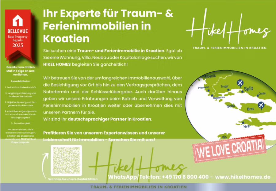 Luxus Meerblick 77m² Ensemble mit 2 Schlafzimmern, Terrasse und Südausrichtung – Einziehen 2025! - Werbeflyer für Hikel Homes, Experten für Ferien- und Zweitwohnungen in Kroatien. Enthält Dienstleistungen, Kontaktinformationen, eine Karte, das „We Love Croatia“-Banner und das Logo von Bellevue Best Property Agents 2025. Grün-weißes Farbschema. (43807)
