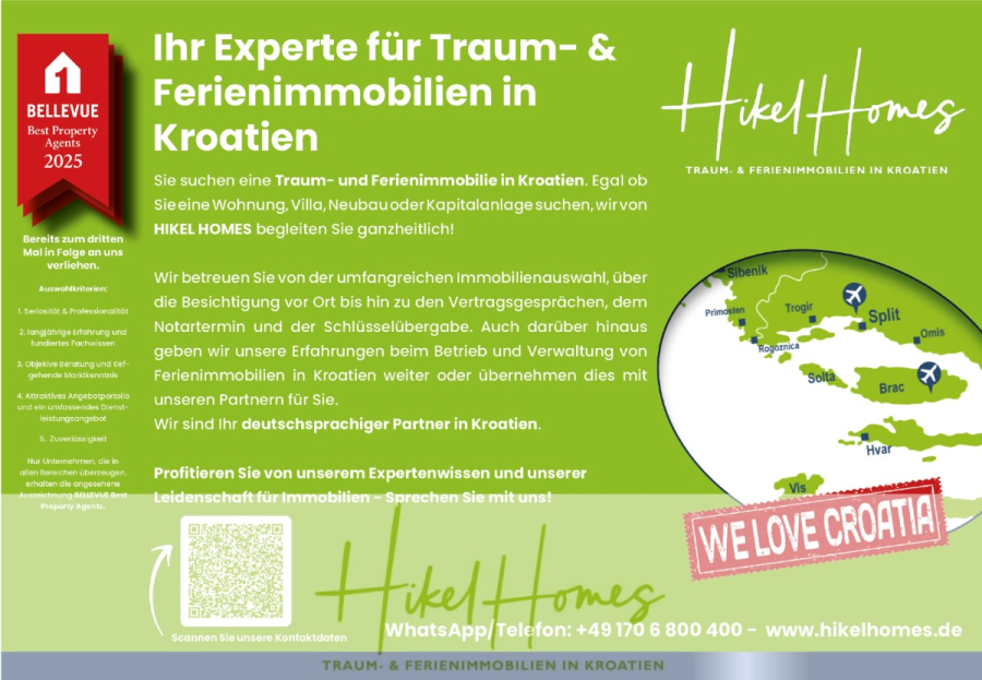 Luxus Meerblick 77m² Ensemble mit 2 Schlafzimmern, Terrasse und Südausrichtung – Einziehen 2025! - Informationsflyer für Hikel Homes, ein Unternehmen, das sich auf Ferienimmobilien in Kroatien spezialisiert hat. Mit grünem und weißem Design, einer Küstenkarte, Kontaktinformationen und einem "We Love Croatia"-Abzeichen. Text hauptsächlich auf Deutsch. (46471)