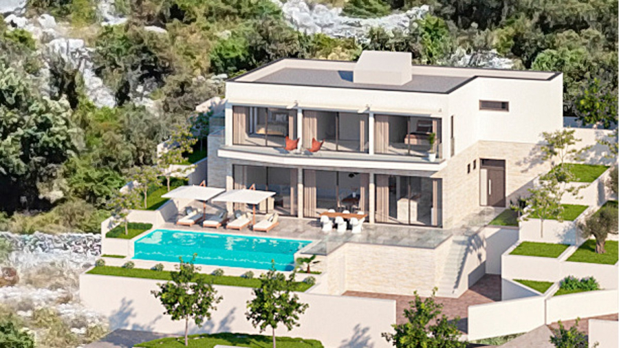 Villa Catherine – 246m² Meerblick Katzensprung zum Strand / Schlüsselfertig / Infinity-Pool. - Eine moderne zweistöckige weiße Villa mit großen Glasfenstern, Balkonen und einem Swimmingpool, umgeben von Grün und Bäumen, mit Liegestühlen und Sonnenschirmen in der Nähe des Pools. (46752)