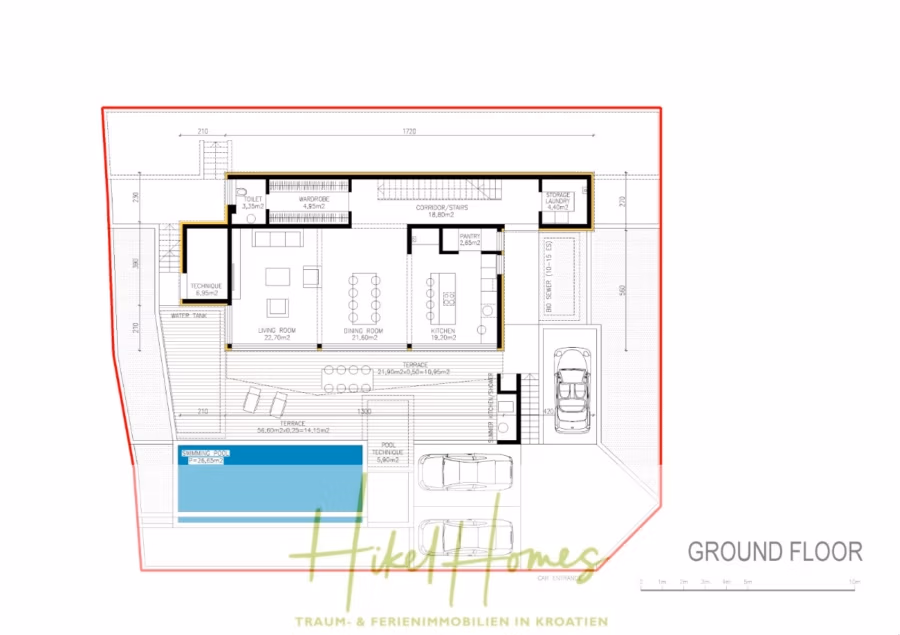 Villa Catherine – 246m² Meerblick Katzensprung zum Strand / Schlüsselfertig / Infinity-Pool. - Grundriss des Erdgeschosses eines modernen Hauses. Zur Ausstattung gehören Wohnzimmer, Essbereich, Küche, zwei Schlafzimmer, zwei Badezimmer, Garage und Swimmingpool. Beschriftet mit „Hike Homes“ mit Maßangaben und Grundrissdetails. (41576)