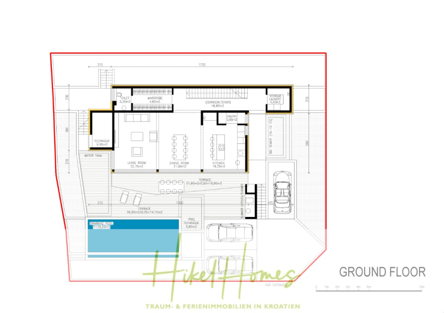 Villa Catherine – 246m² Meerblick Katzensprung zum Strand / Schlüsselfertig / Infinity-Pool. - Architektonischer Grundriss eines Erdgeschosses mit einem Wohnzimmer, einer Küche, zwei Schlafzimmern mit eigenem Bad, einem Abstellraum, einem Parkplatz und einem Swimmingpool mit Sitzgelegenheiten im Freien. Logo "HikeHomes" am unteren Rand. (46758)