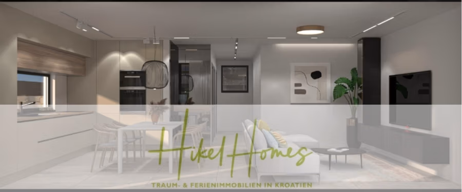 Neubau Meerblick 270m vom Meer entfernt – Hochwertigen Ausstattung – Fertigstellung Ende 2025 - Modernes Wohnzimmer und Küche mit minimalistischem Dekor. Es verfügt über einen Esstisch mit runden Leuchten darüber, ein Sofa, Wandkunst und einen Flachbildfernseher. Das Logo „Hikel Homes“ ist unten mit deutschem Text überlagert. (42598)