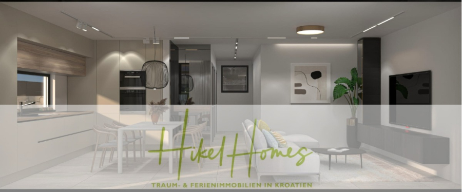 Neubau Meerblick 270m vom Meer entfernt – Hochwertigen Ausstattung – Fertigstellung Ende 2025 - Moderner offener Wohn- und Küchenbereich mit neutralen Farbtönen, Esstisch, Sofa, Topfpflanze und an der Wand montiertem Fernseher. Der Logo-Text "Hikel Homes" und "TRAUM- & FERIENIMMOBILIEN IN KROATIEN" überlagert das Bild. (46231)