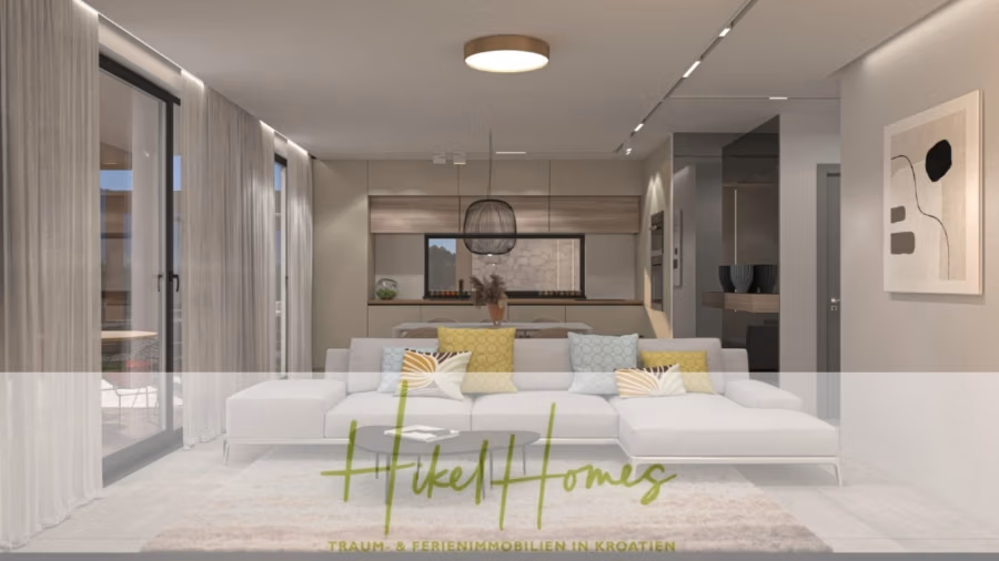 Neubau Meerblick 270m vom Meer entfernt – Hochwertigen Ausstattung – Fertigstellung Ende 2025 - Modernes Wohnzimmer mit einem großen weißen Sofagarnitur und bunten Kissen. Im Hintergrund ist ein eleganter Essbereich zu sehen, der durch eine schwarze Pendelleuchte akzentuiert wird. Große Fenster und abstrakte Kunst verstärken das helle und großzügige Raumgefühl. Text-Overlay vorhanden. (42599)