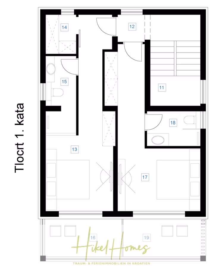 Neubau Meerblick 270m vom Meer entfernt – Hochwertigen Ausstattung – Fertigstellung Ende 2025 - Der Grundriss mit dem Titel „Tlocrt 1. kata“ zeigt einen Grundriss mit zwei Schlafzimmern, einem Badezimmer und einem Flur. Jedes Schlafzimmer verfügt über ein Bett. Das Badezimmer ist mit Toilette und Waschbecken ausgestattet. Unten ist Platz für einen Balkon oder eine Terrasse mit den Bezeichnungen „16“ und „19“ vorgesehen. (42617)