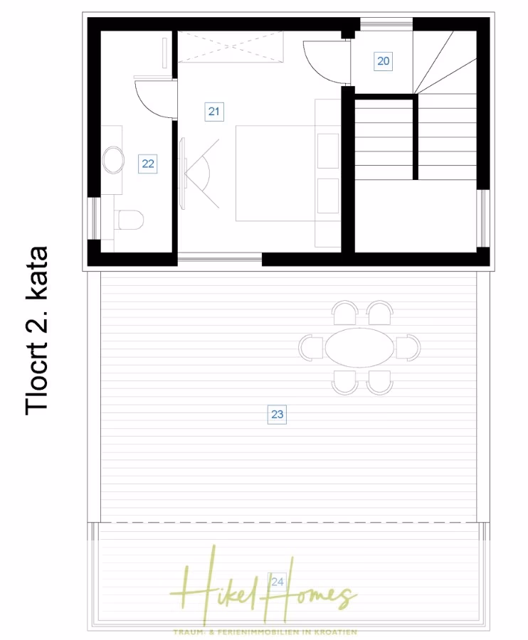 Neubau Meerblick 270m vom Meer entfernt – Hochwertigen Ausstattung – Fertigstellung Ende 2025 - Grundriss einer Ebene mit der Bezeichnung „2. Kat.“ mit einem Zimmer mit Bett, einem Badezimmer mit Dusche und WC, einer Treppe und einer großen Terrasse mit rundem Tisch und Stühlen. (42615)