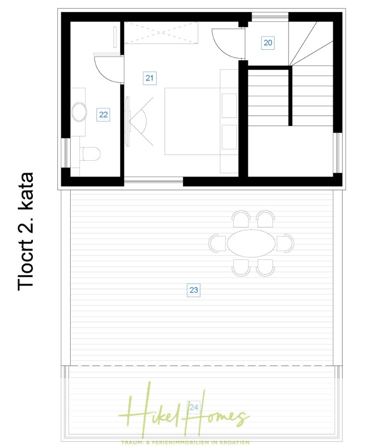 Neubau Meerblick 270m vom Meer entfernt – Hochwertigen Ausstattung – Fertigstellung Ende 2025 - Schwarzer und weißer Grundriss mit der Aufschrift "Tlocrt 2. kata", der ein Zimmer mit einem Bett und einem Badezimmer, eine Treppe und eine große Terrasse mit einem Esstisch und Stühlen im Freien zeigt. Am unteren Rand steht "Hikel Homes" geschrieben. (46249)