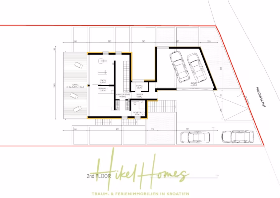 Luxus Villa Sunce / gegenüber Marina Frapa / Meerblick + direkter Meerzugang, Pool, mit 391m² WFL - Grundriss eines Hauses mit der Aufschrift „2. Stock“ mit Räumen wie Fitnessbereich, Terrasse, zwei Garagen, Abstellraum und Treppenhaus. Zwei Autos parken draußen. Der Schriftzug „Hikel Homes“ ist grün und trägt einen Hinweis zu Immobilien in Kroatien. (42047)