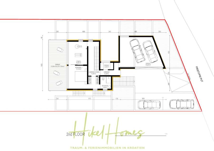 Luxus Villa Sunce / gegenüber Marina Frapa / Meerblick + direkter Meerzugang, Pool, mit 391m² WFL - Architektonischer Grundriss des zweiten Stocks eines Hauses mit Terrasse, Wohnraum, Küche, Bad, Treppenhaus, Garage mit zwei Autos und zwei draußen geparkten Autos. Der Text "Hikel Homes" erscheint am unteren Rand. (45146)