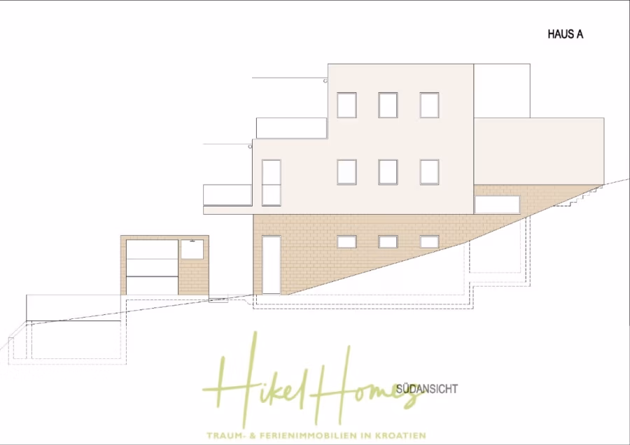 Luxus Villa Sunce / gegenüber Marina Frapa / Meerblick + direkter Meerzugang, Pool, mit 391m² WFL - Architekturzeichnung eines Hauses mit der Bezeichnung „Haus A“, das an einem Hang liegt. Das Gebäude verfügt über drei Ebenen mit verschiedenen rechteckigen Fenstern. Das Bild enthält unten ein Logo und einen deutschen Text. (42041)