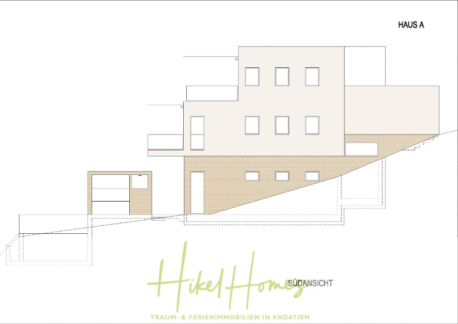 Luxus Villa Sunce / gegenüber Marina Frapa / Meerblick + direkter Meerzugang, Pool, mit 391m² WFL - Architektonische Ansichtszeichnung mit der Bezeichnung "Haus A", die ein dreistöckiges modernes Haus in Hanglage mit rechteckigen Fenstern, einer Garage und Terrassen zeigt. Der Text am unteren Rand lautet "Hikel Homes Südansicht". (45139)
