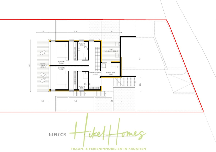 Luxus Villa Sunce / gegenüber Marina Frapa / Meerblick + direkter Meerzugang, Pool, mit 391m² WFL - Architektonischer Grundriss eines Hauses mit der Bezeichnung "1st FLOOR", der zwei Schlafzimmer, zwei Bäder, eine Küche und Wohnbereiche zeigt. Der Grundriss umfasst Terrassenflächen im Freien, mit dem Schriftzug "Hikel Homes" am unteren Rand. (45144)