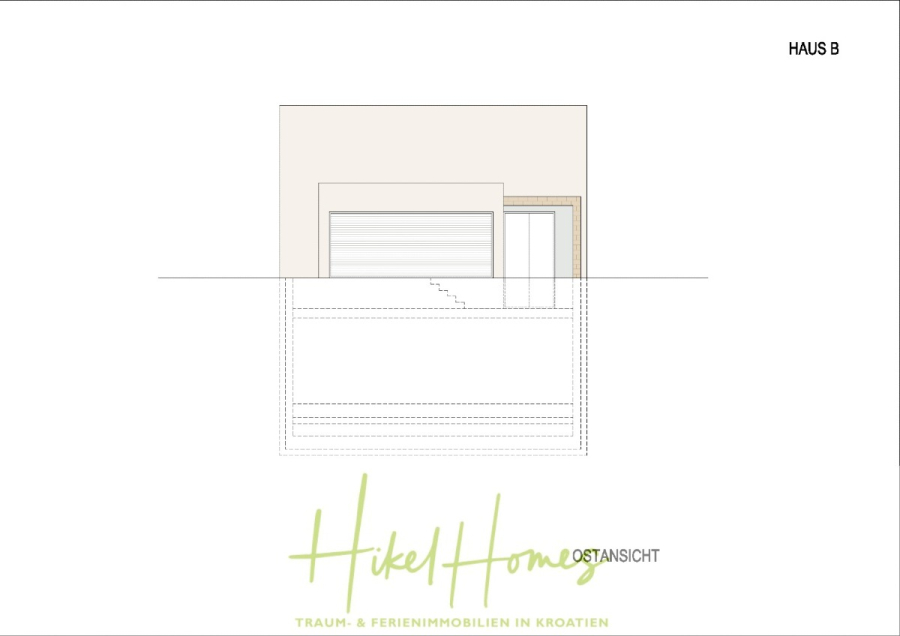 Luxus Villa Sunce / gegenüber Marina Frapa / Meerblick + direkter Meerzugang, Pool, mit 391m² WFL - Architektonische Zeichnung der Vorderansicht mit der Bezeichnung "Haus B", die ein modernes rechteckiges Gebäude mit Garagentor, Treppe, Eingang und dem Schriftzug "Hikel Homes" am unteren Rand zeigt. Im Text werden Traum- und Ferienimmobilien in Kroatien erwähnt. (45142)