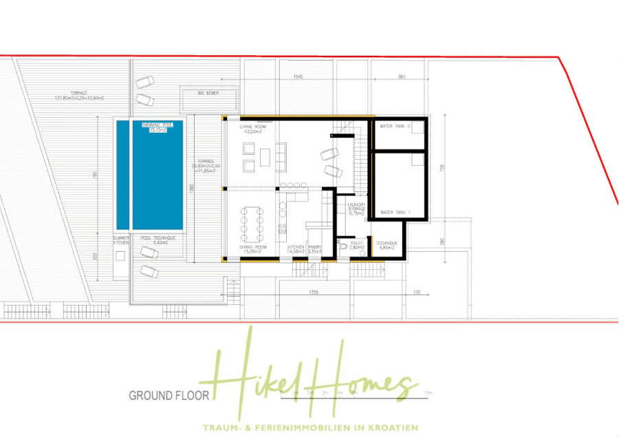 Luxus Villa Sunce / gegenüber Marina Frapa / Meerblick + direkter Meerzugang, Pool, mit 391m² WFL - Grundriss des Erdgeschosses eines modernen Hauses mit Pool, Sitzgelegenheiten im Freien, Wohn- und Essbereich, Küche, Bad und Abstellräumen. Der Plan ist mit "Hikel Homes" beschriftet, darunter steht ein deutscher Text. (45143)