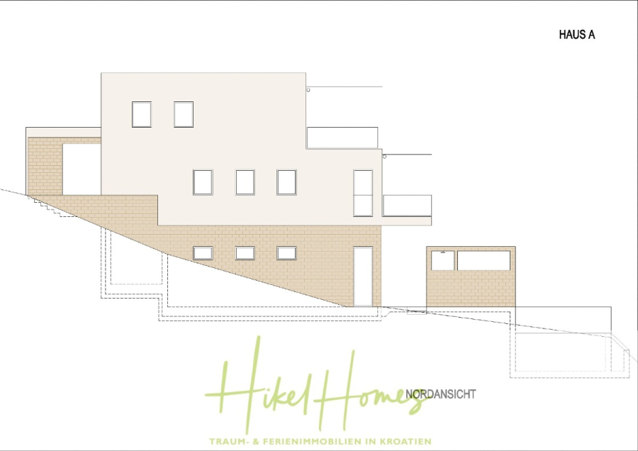 Luxus Villa Sunce / gegenüber Marina Frapa / Meerblick + direkter Meerzugang, Pool, mit 391m² WFL - Architektonische Ansichtszeichnung eines modernen, mehrstöckigen Hauses mit der Bezeichnung "Haus A", dessen Abschnitte auf einem abschüssigen Gelände errichtet wurden. Der Entwurf zeichnet sich durch rechteckige Formen und große Fenster aus. "Hikel Homes" und deutscher Text erscheinen am unteren Rand. (45138)