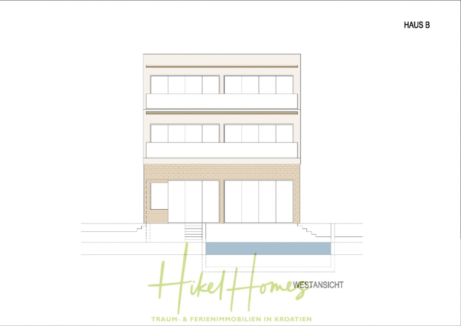 Luxus Villa Sunce / gegenüber Marina Frapa / Meerblick + direkter Meerzugang, Pool, mit 391m² WFL - Eine einfache architektonische Zeichnung eines modernen, dreistöckigen Hauses mit großen Fenstern, Balkonen und einem Pool vor dem Haus. Der Text "Haus B" steht in der oberen rechten Ecke, und das Branding unten lautet "Hikel Homes". (45140)