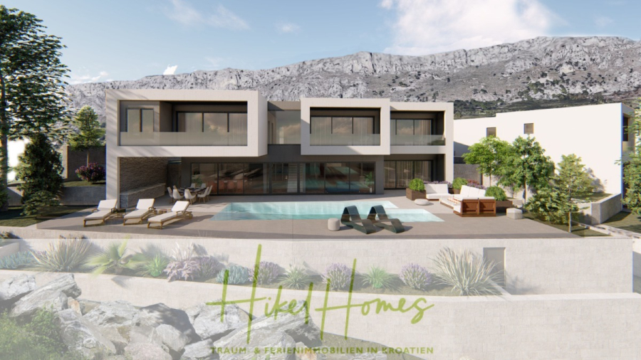 Schlüsselfertige – großzügige Meerblick Villa in ruhiger Lage, 4 SZ, 4 Bäder, Pool, … - Moderne zweistöckige Villa mit großen Fenstern, Außenschwimmbad, Liegestühlen, Whirlpool und Bergkulisse. Das Logo "Hiked Homes" und der Text "Traum & Ferienimmobilien in Kroatien" erscheinen am unteren Rand. (45663)